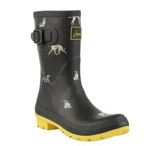 NWOB Joules Women's Molly Welly mid-height rain boots black dog print Size 11